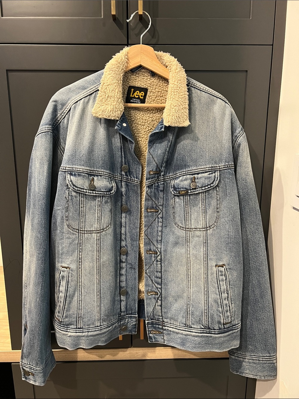 Lee Light Blue Denim Bomber Jacket with Cream Sherpa Collar